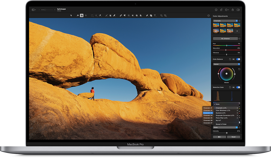 A menu of the Custom LUTs color adjustment opened in Pixelmator Pro.